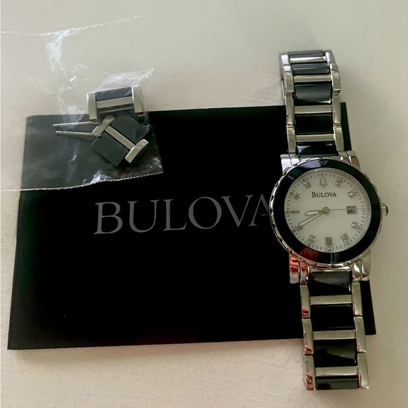 Ladies Bulova C837508 MOP Diamond Dial Stainless Quartz...
